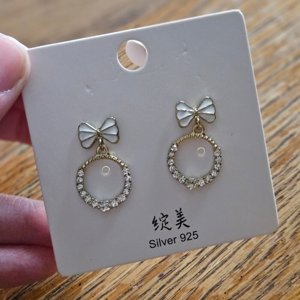 Zhan Mei 925 Silver Post Bow Rhinestone Wreath Drop Earrings NWT